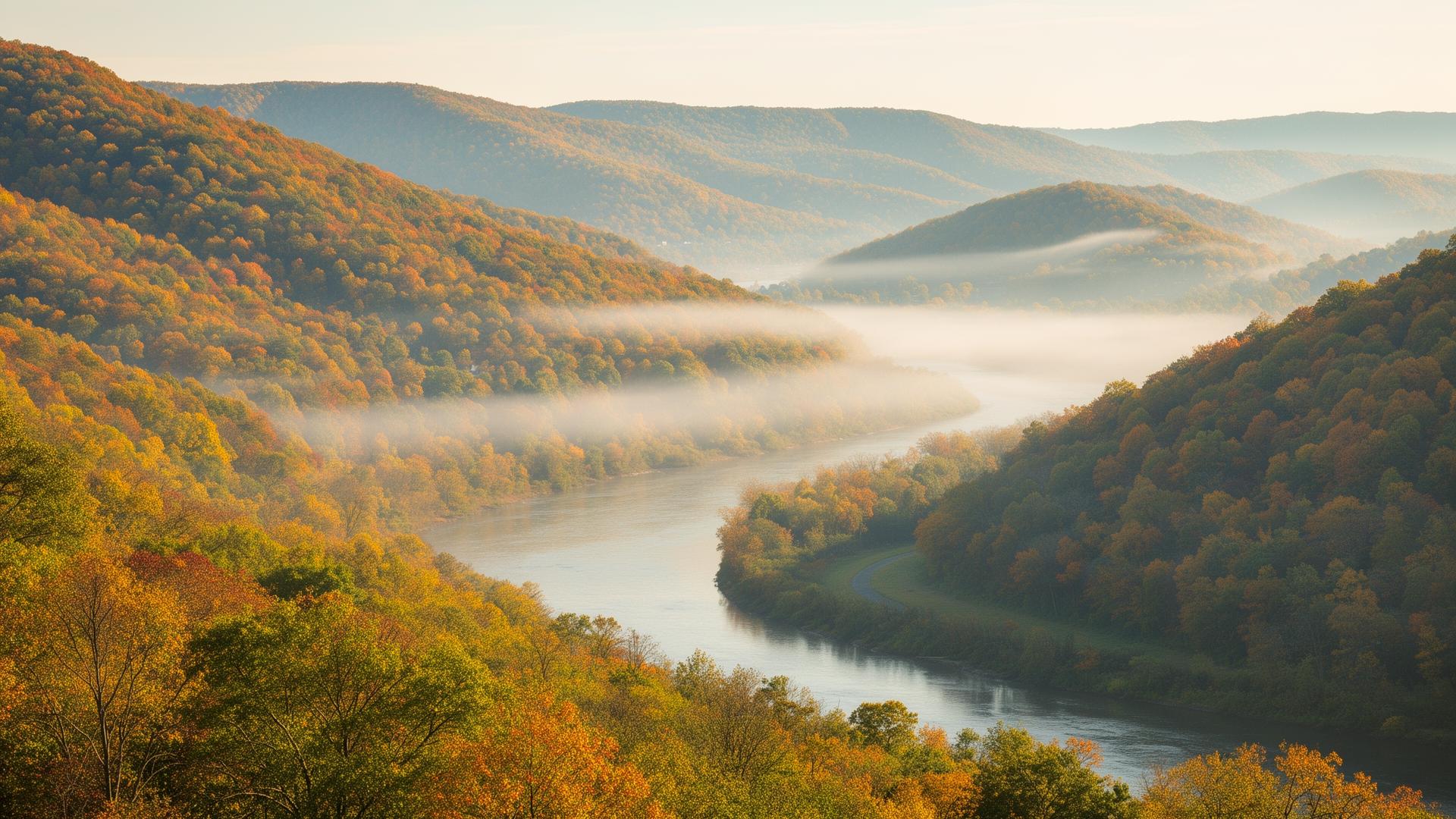 Misty Appalachian hills above the Kanawha River in autumn